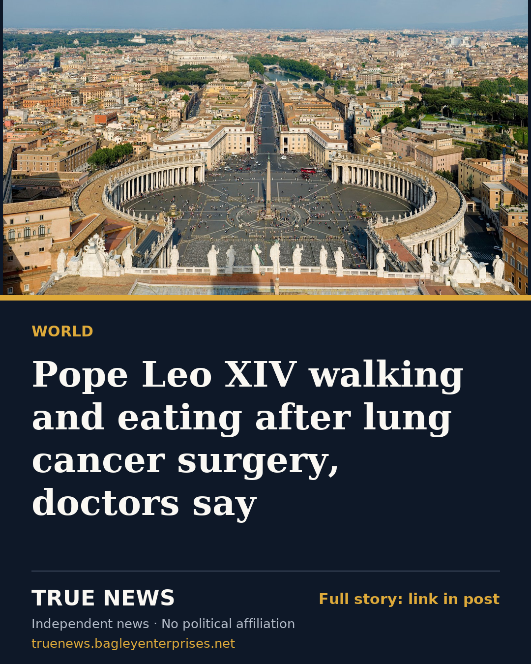 Share card: Pope Leo XIV walking and eating after lung cancer surgery, doctors say