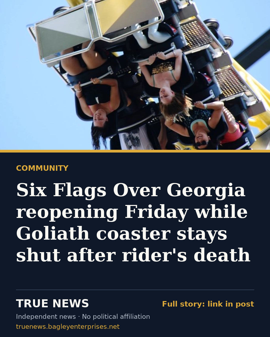 Share card: Six Flags Over Georgia reopening Friday while Goliath coaster stays shut after rider's death