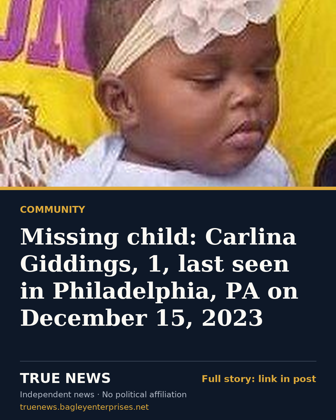 Share card: Missing child: Carlina Giddings, 1, last seen in Philadelphia, PA on December 15, 2023