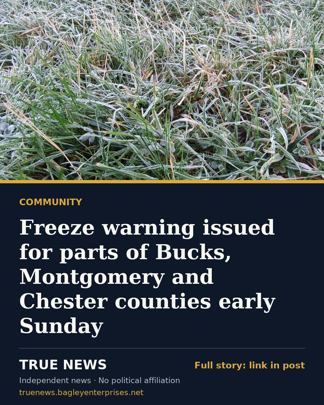 Share card: Freeze warning issued for parts of Bucks, Montgomery and Chester counties early Sunday