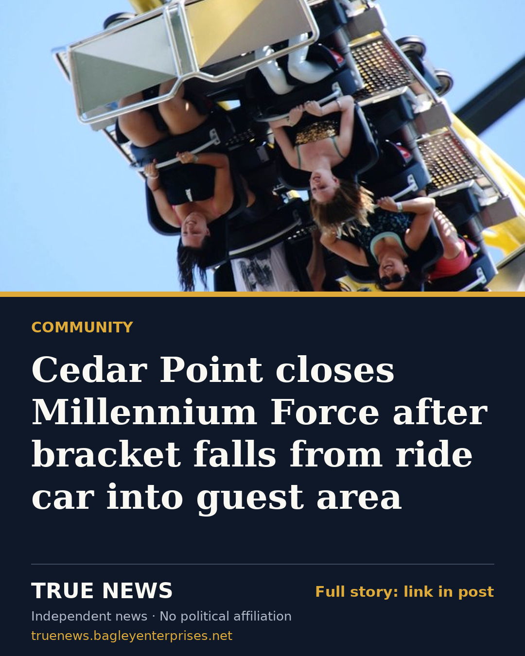 Share card: Cedar Point closes Millennium Force after bracket falls from ride car into guest area