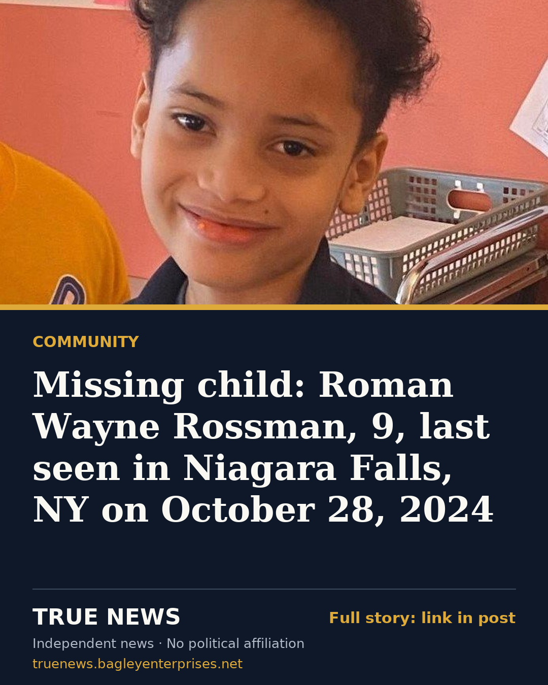Share card: Missing child: Roman Wayne Rossman, 9, last seen in Niagara Falls, NY on October 28, 2024