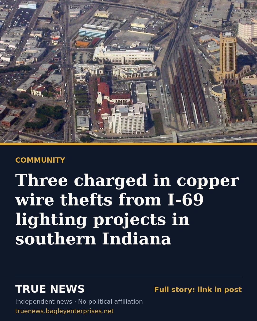 Share card: Three charged in copper wire thefts from I-69 lighting projects in southern Indiana