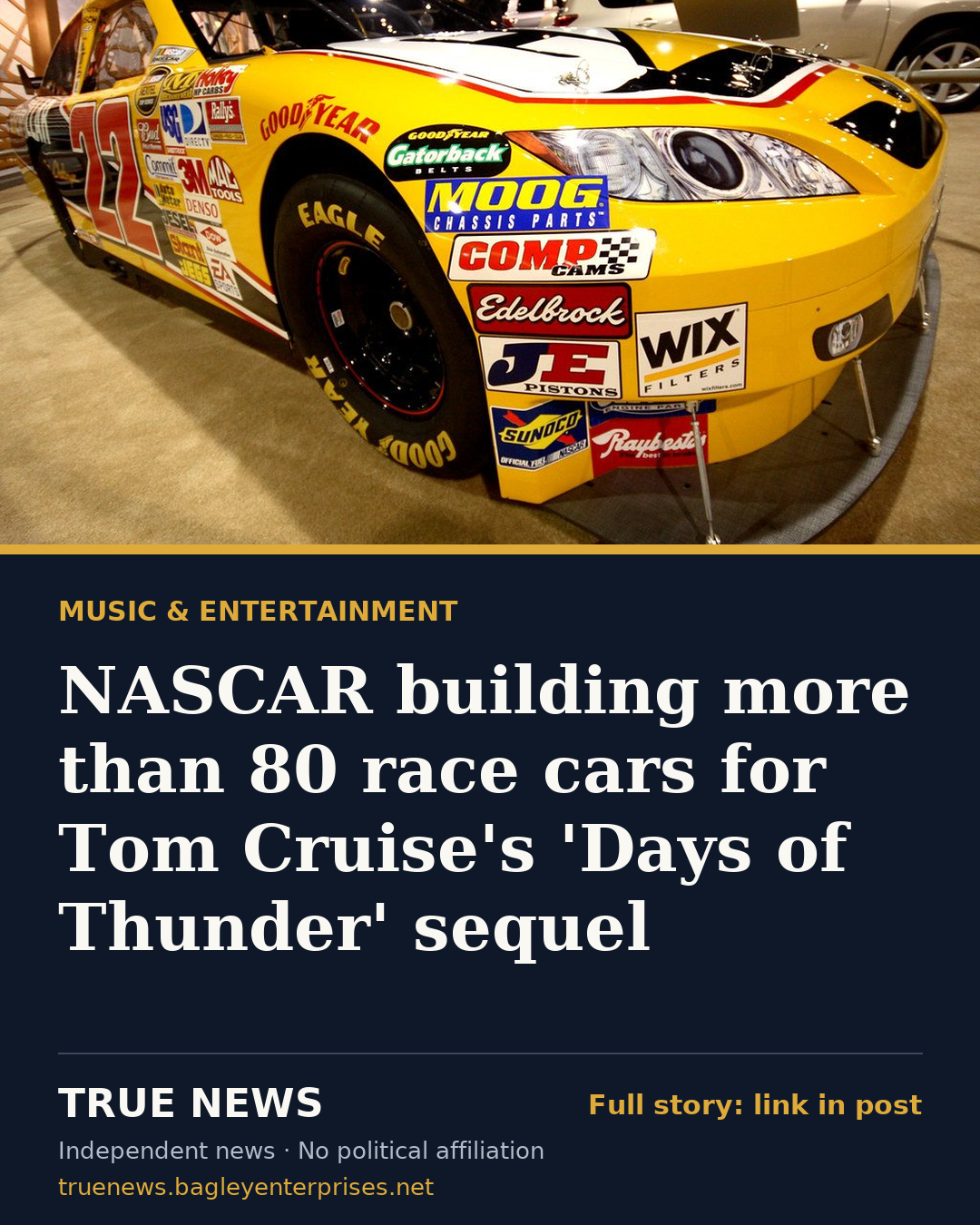 Share card: NASCAR building more than 80 race cars for Tom Cruise's 'Days of Thunder' sequel