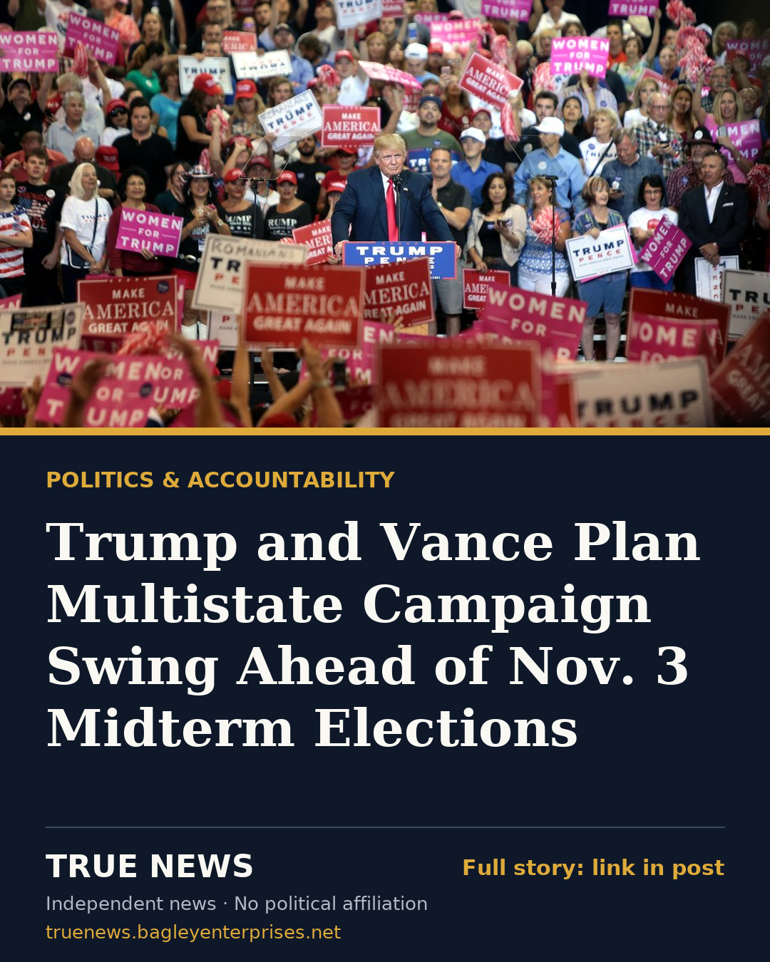Share card: Trump and Vance Plan Multistate Campaign Swing Ahead of Nov. 3 Midterm Elections