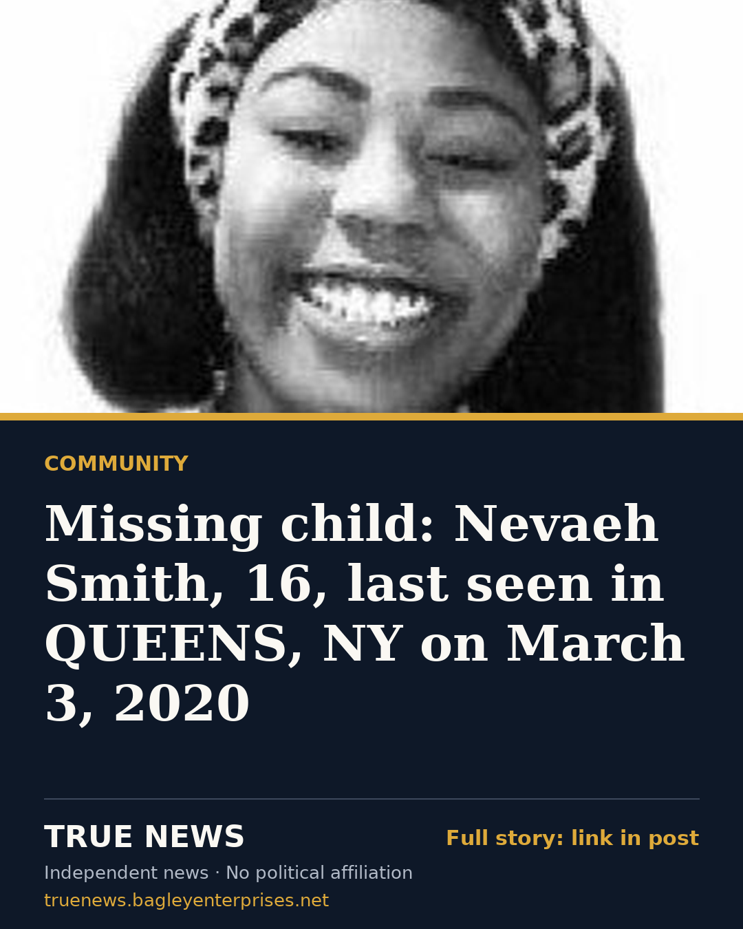 Share card: Missing child: Nevaeh Smith, 16, last seen in QUEENS, NY on March 3, 2020