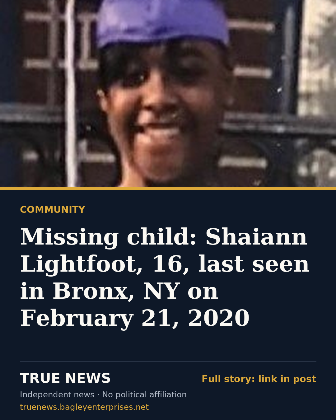 Share card: Missing child: Shaiann Lightfoot, 16, last seen in Bronx, NY on February 21, 2020