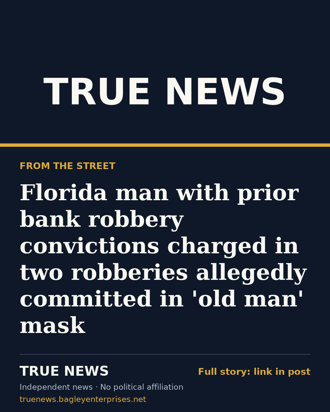 Share card: Florida man with prior bank robbery convictions charged in two robberies allegedly committed in 'old man' mask