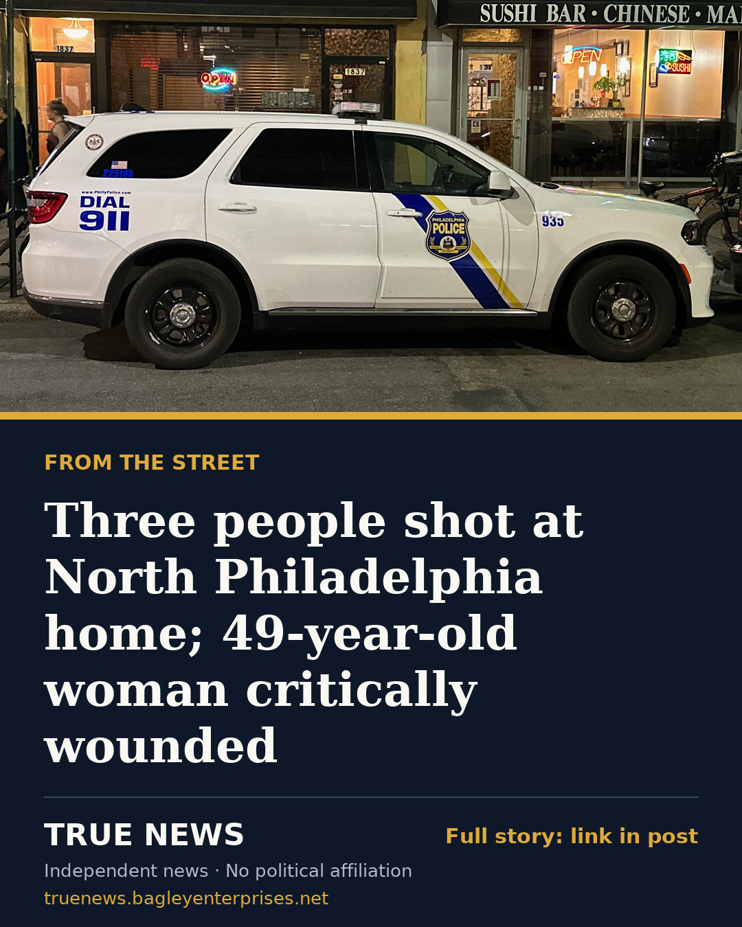 Share card: Three people shot at North Philadelphia home; 49-year-old woman critically wounded