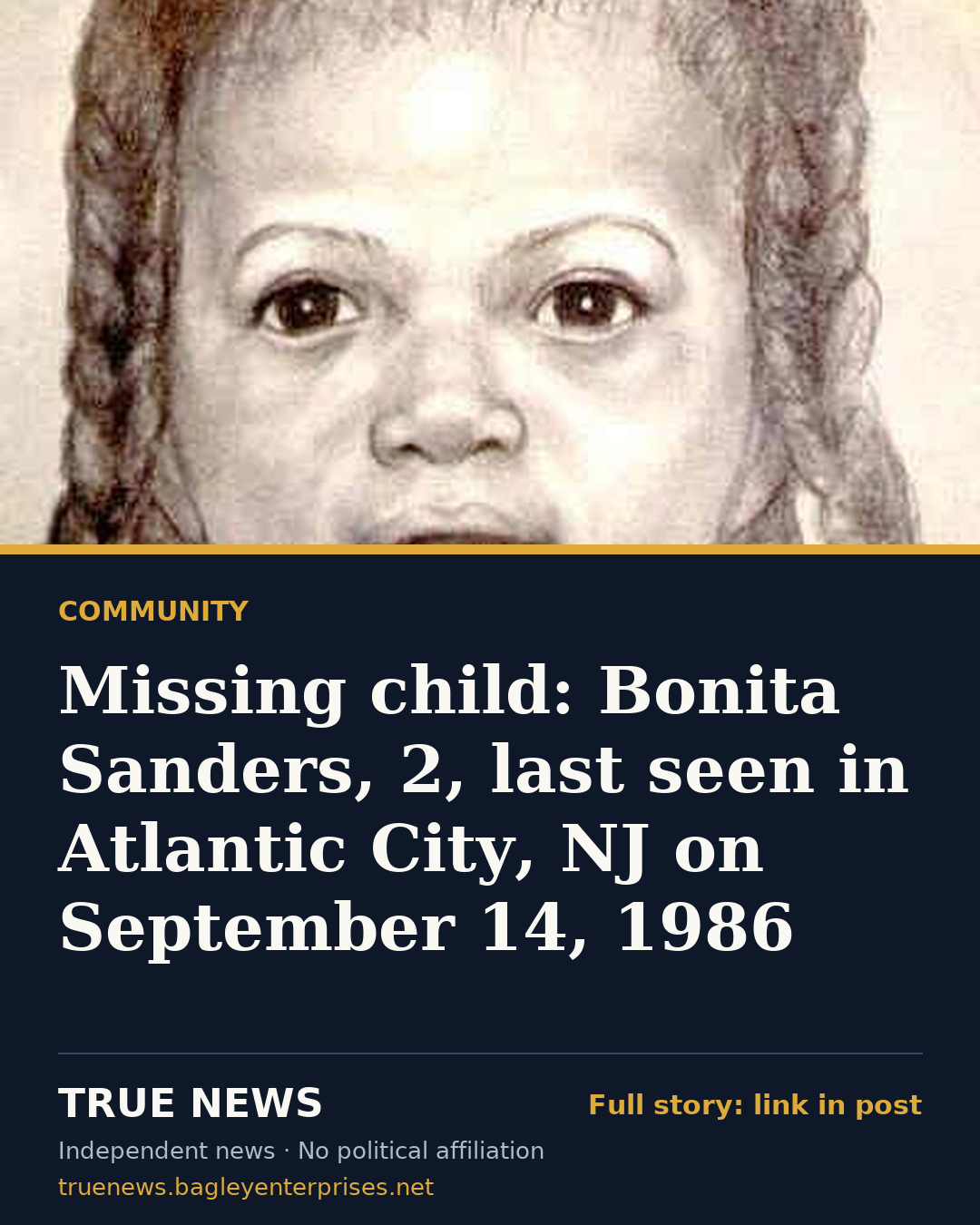 Share card: Missing child: Bonita Sanders, 2, last seen in Atlantic City, NJ on September 14, 1986