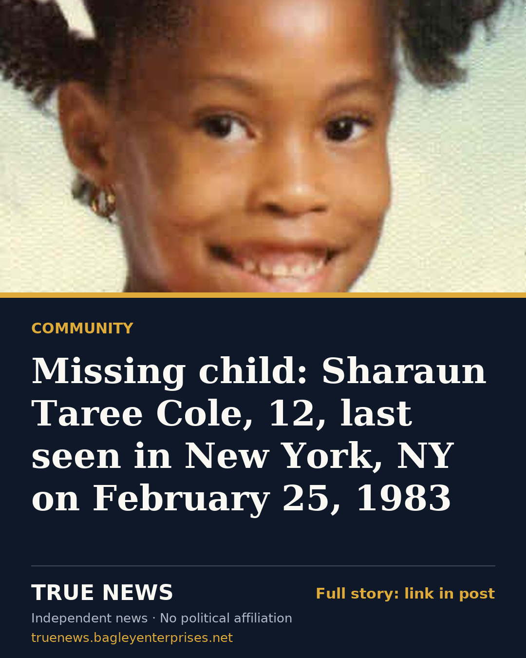 Share card: Missing child: Sharaun Taree Cole, 12, last seen in New York, NY on February 25, 1983
