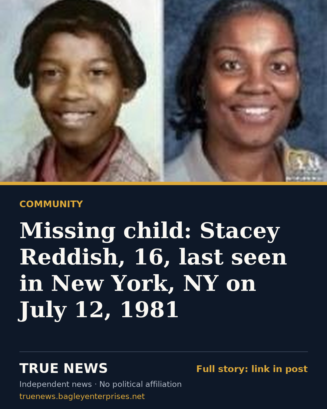 Share card: Missing child: Stacey Reddish, 16, last seen in New York, NY on July 12, 1981