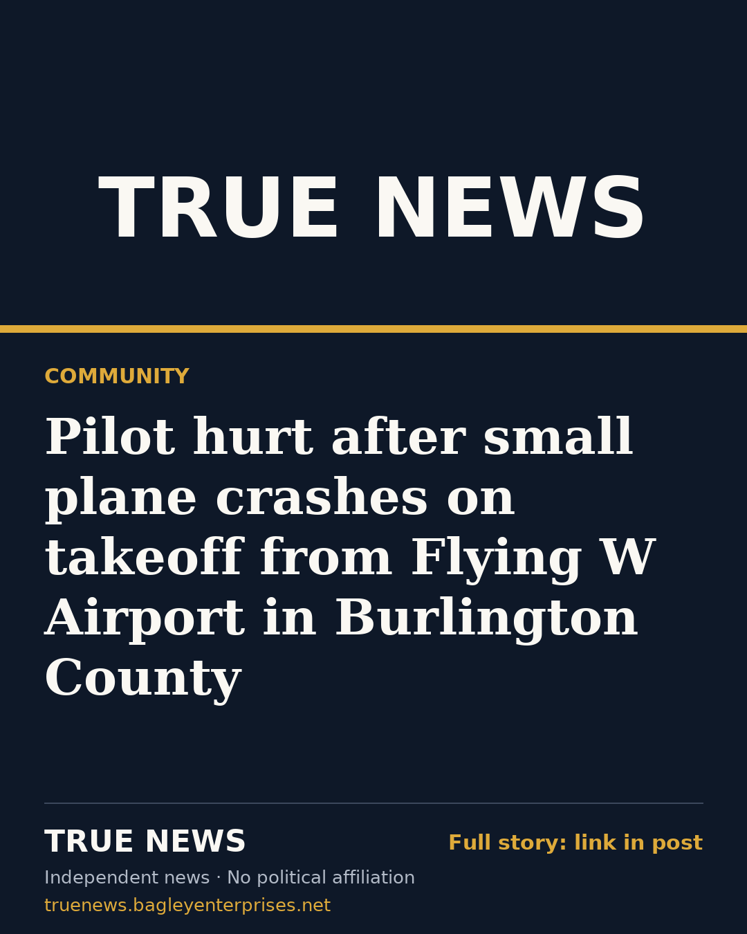 Share card: Pilot hurt after small plane crashes on takeoff from Flying W Airport in Burlington County