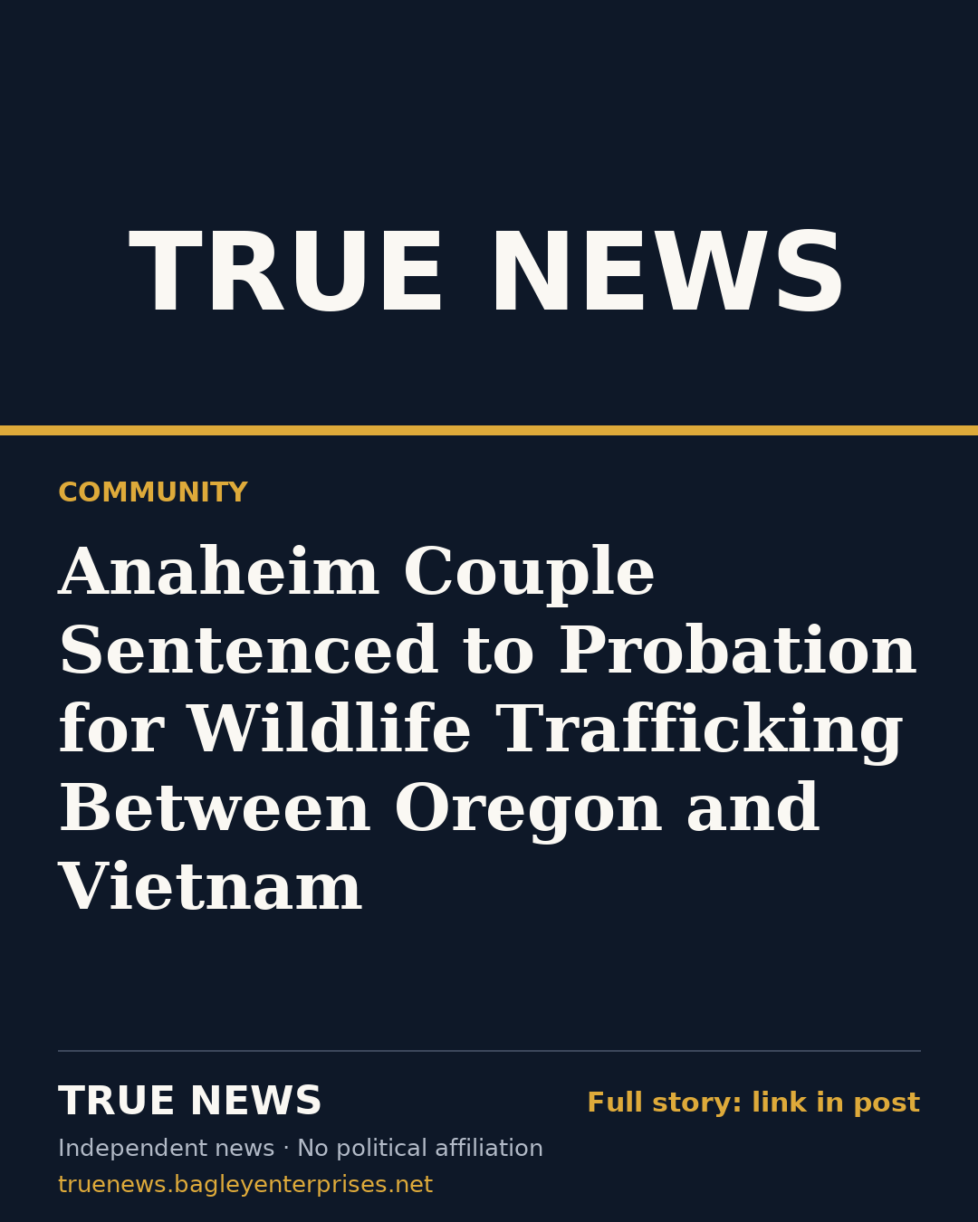 Share card: Anaheim Couple Sentenced to Probation for Wildlife Trafficking Between Oregon and Vietnam