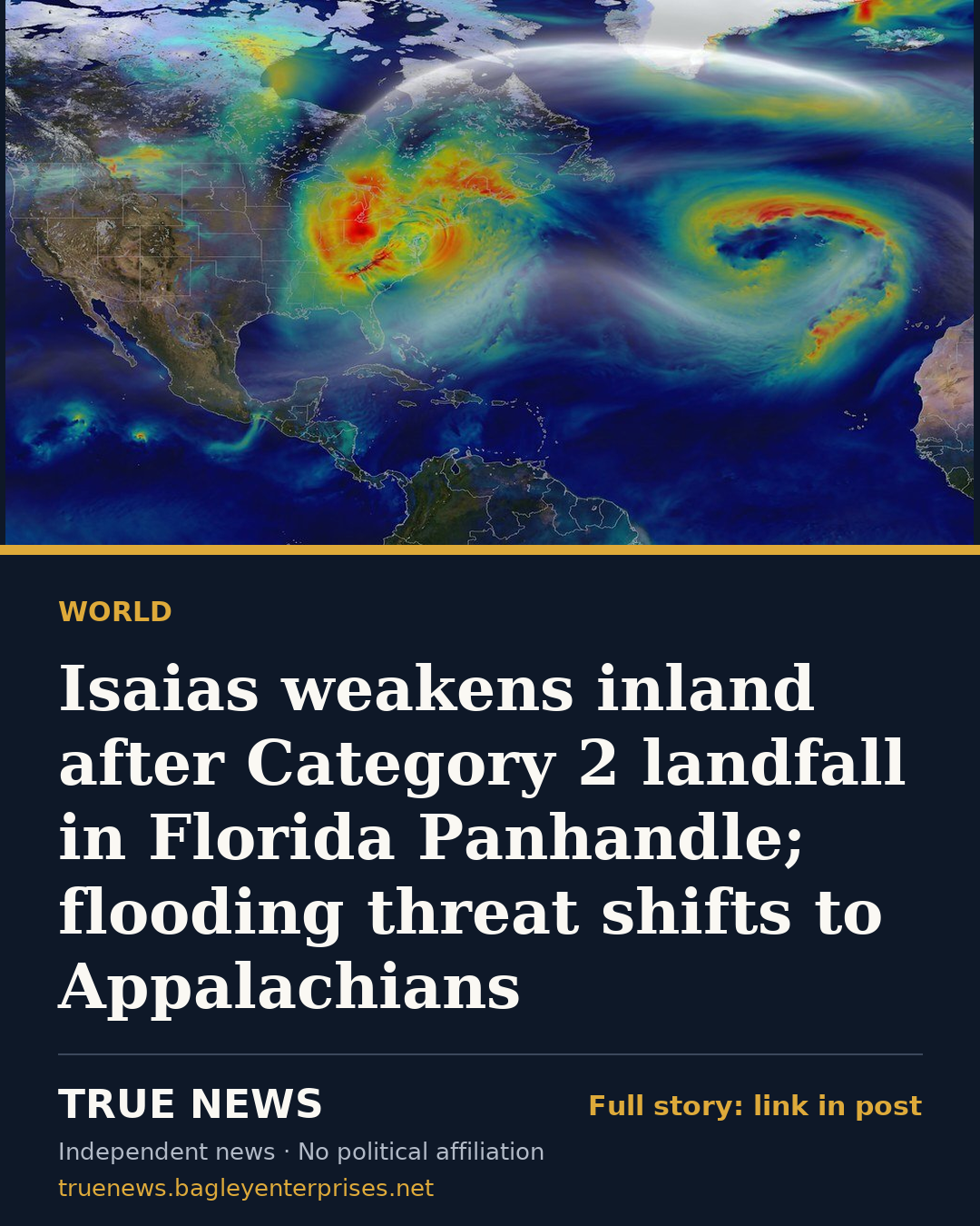Share card: Isaias weakens inland after Category 2 landfall in Florida Panhandle; flooding threat shifts to Appalachians