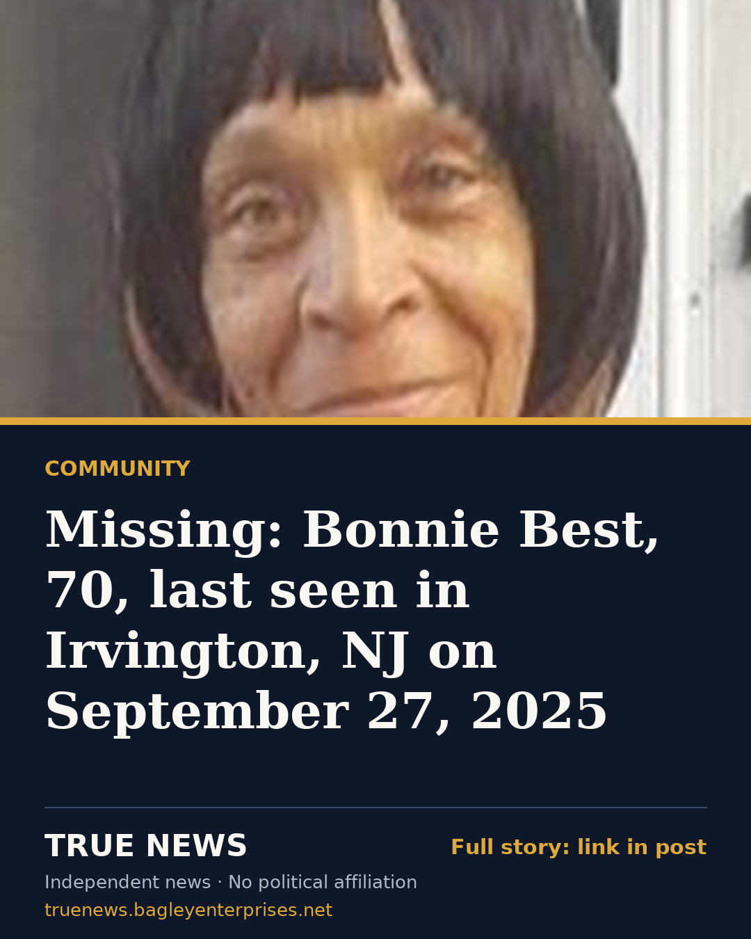 Share card: Missing: Bonnie Best, 70, last seen in Irvington, NJ on September 27, 2025