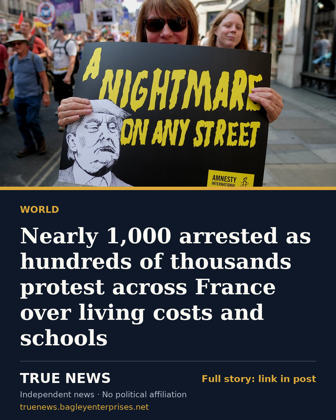 Share card: Nearly 1,000 arrested as hundreds of thousands protest across France over living costs and schools