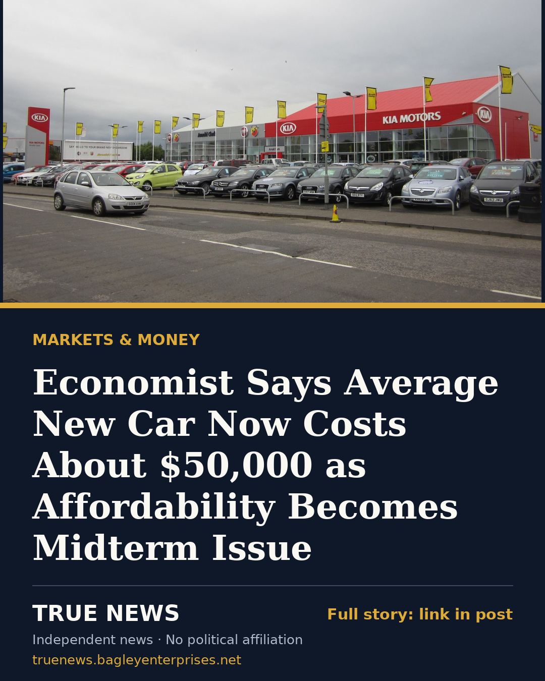 Share card: Economist Says Average New Car Now Costs About $50,000 as Affordability Becomes Midterm Issue