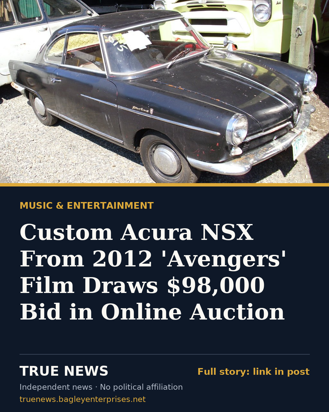 Share card: Custom Acura NSX From 2012 'Avengers' Film Draws $98,000 Bid in Online Auction