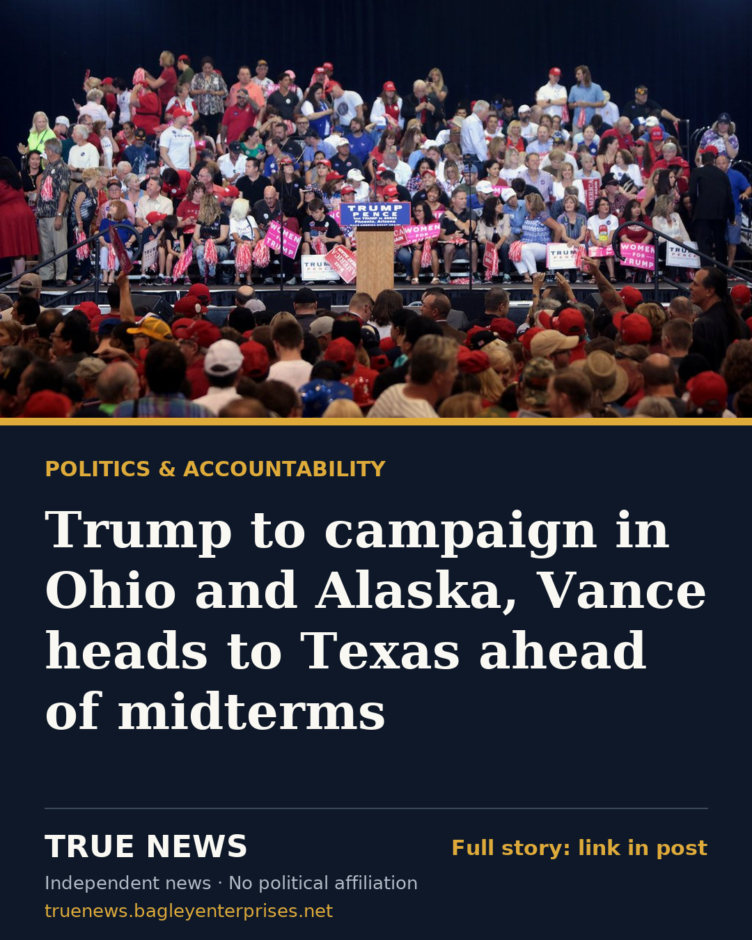 Share card: Trump to campaign in Ohio and Alaska, Vance heads to Texas ahead of midterms