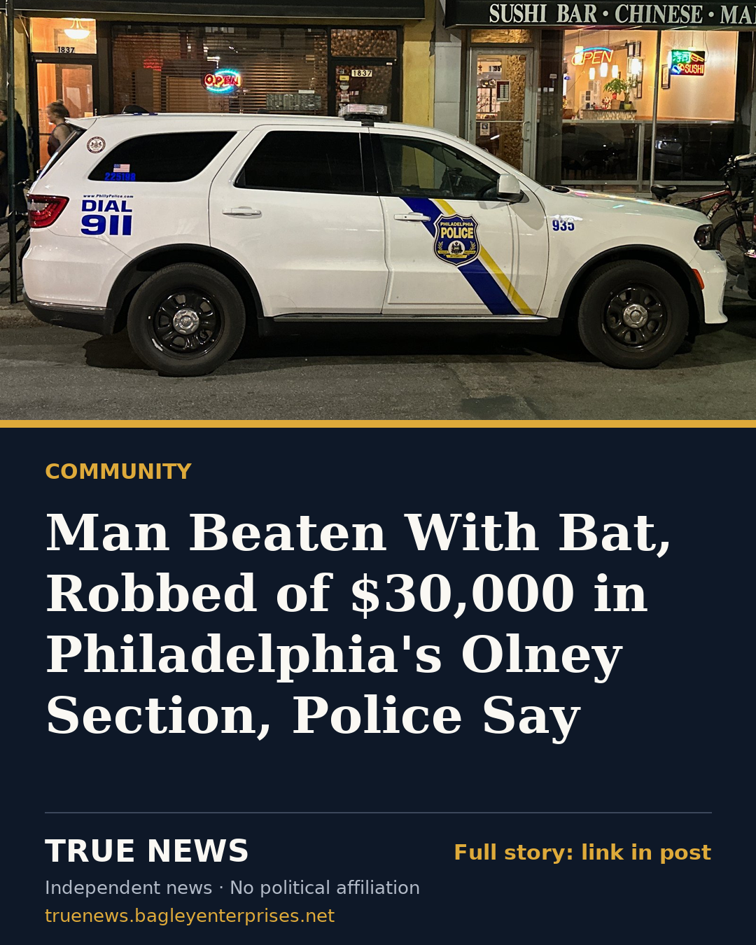 Share card: Man Beaten With Bat, Robbed of $30,000 in Philadelphia's Olney Section, Police Say