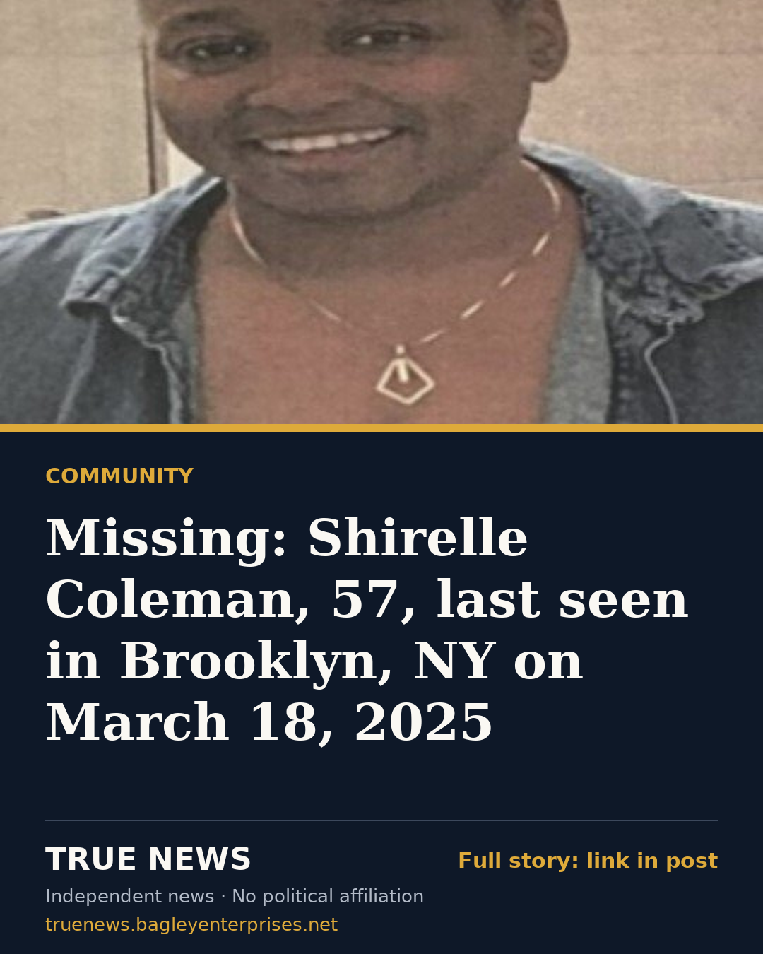 Share card: Missing: Shirelle Coleman, 57, last seen in Brooklyn, NY on March 18, 2025