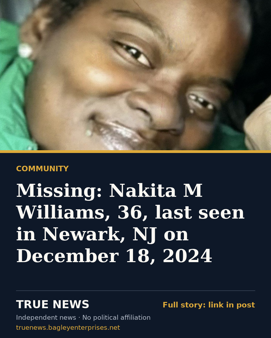 Share card: Missing: Nakita M Williams, 36, last seen in Newark, NJ on December 18, 2024