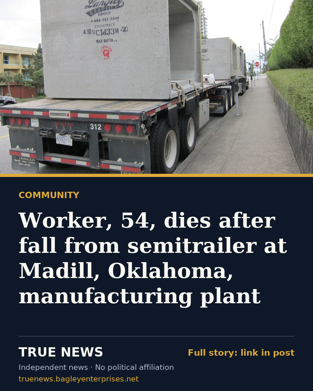 Share card: Worker, 54, dies after fall from semitrailer at Madill, Oklahoma, manufacturing plant