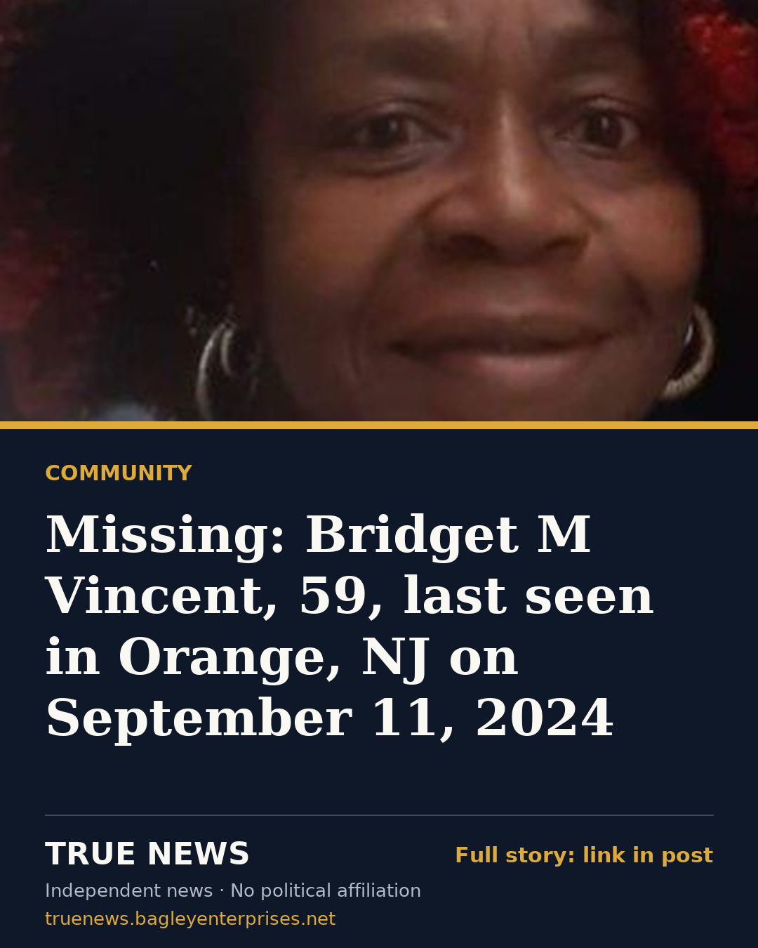 Share card: Missing: Bridget M Vincent, 59, last seen in Orange, NJ on September 11, 2024