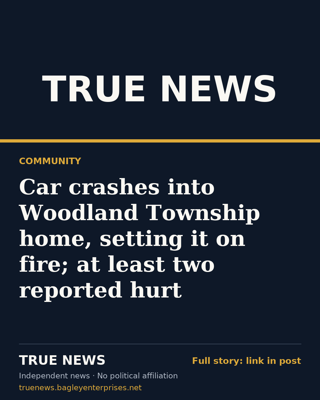 Share card: Car crashes into Woodland Township home, setting it on fire; at least two reported hurt