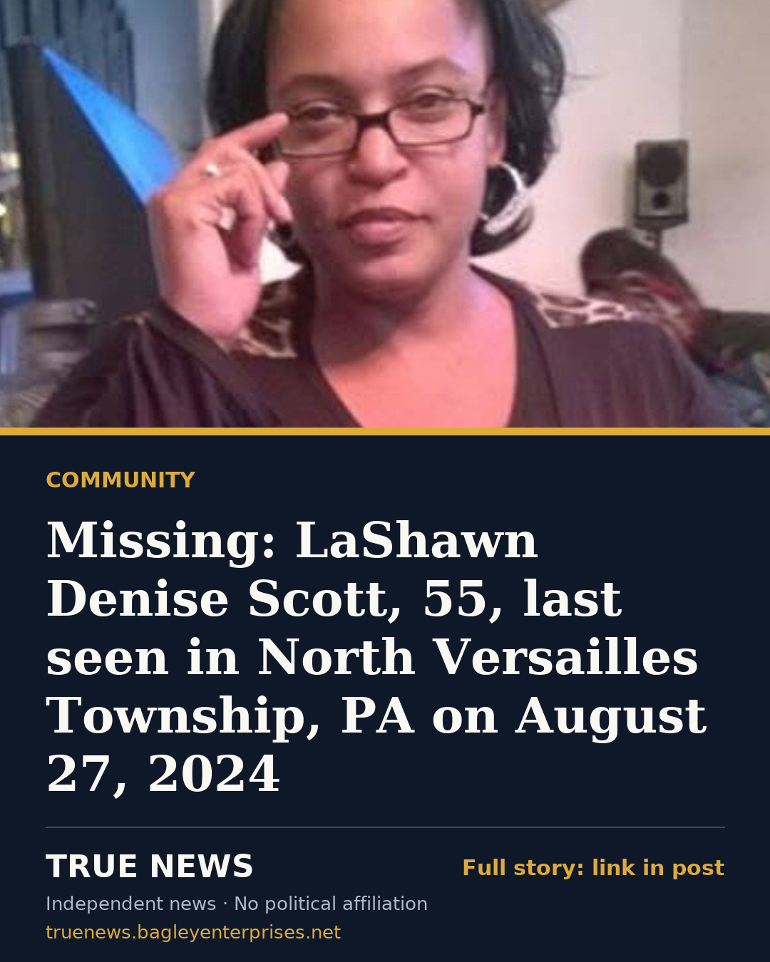 Share card: Missing: LaShawn Denise Scott, 55, last seen in North Versailles Township, PA on August 27, 2024