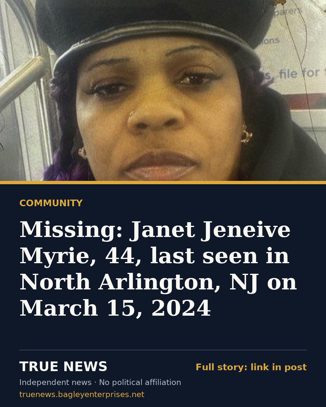 Share card: Missing: Janet Jeneive Myrie, 44, last seen in North Arlington, NJ on March 15, 2024