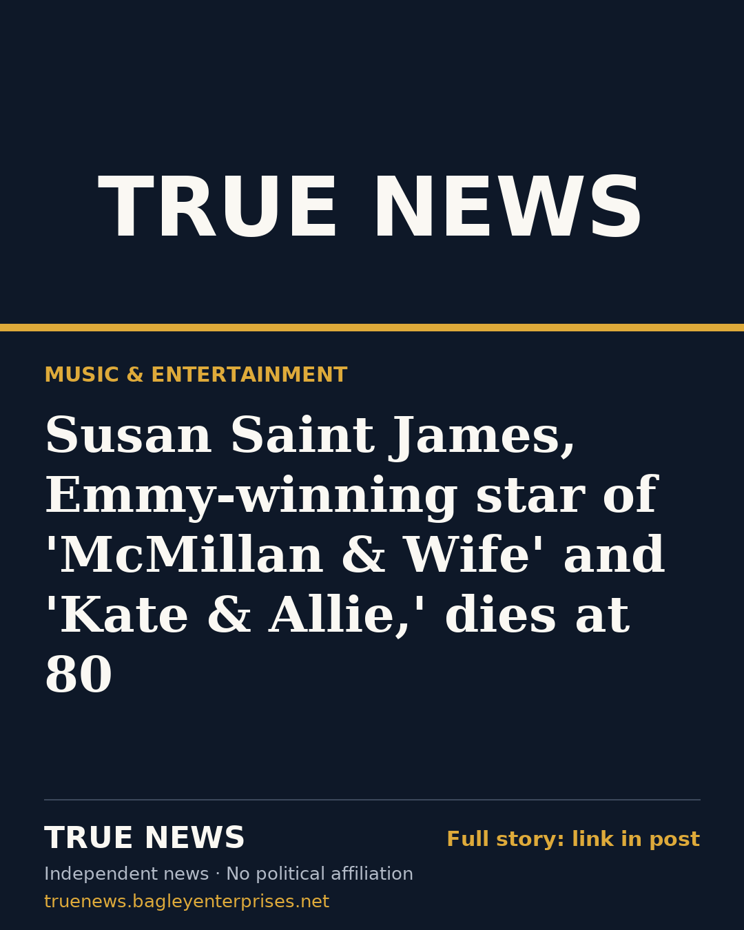 Share card: Susan Saint James, Emmy-winning star of 'McMillan & Wife' and 'Kate & Allie,' dies at 80