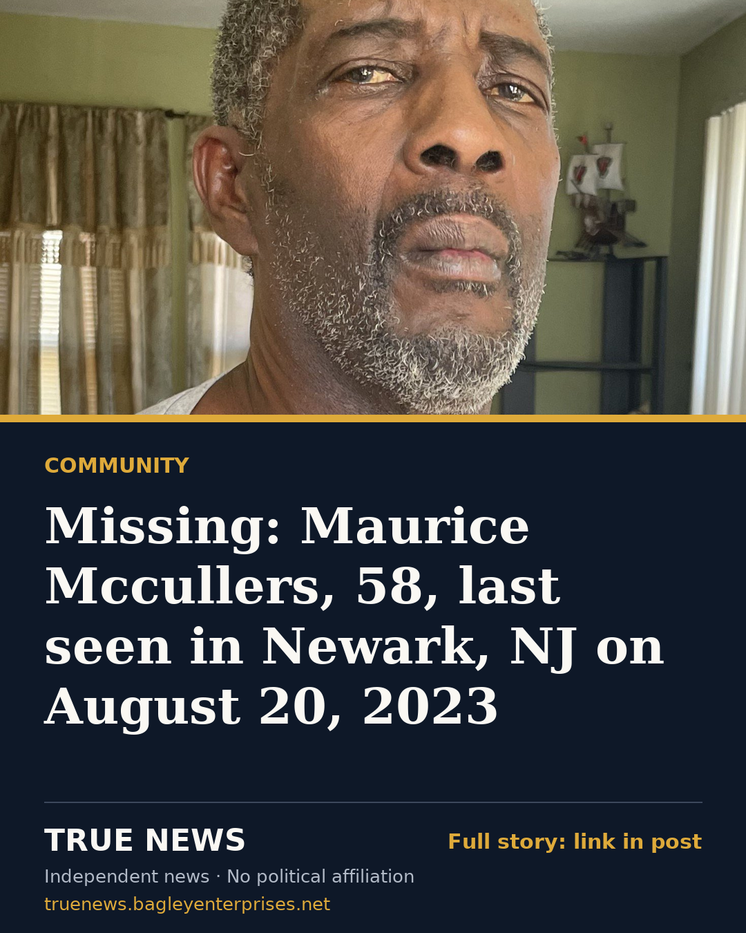Share card: Missing: Maurice Mccullers, 58, last seen in Newark, NJ on August 20, 2023