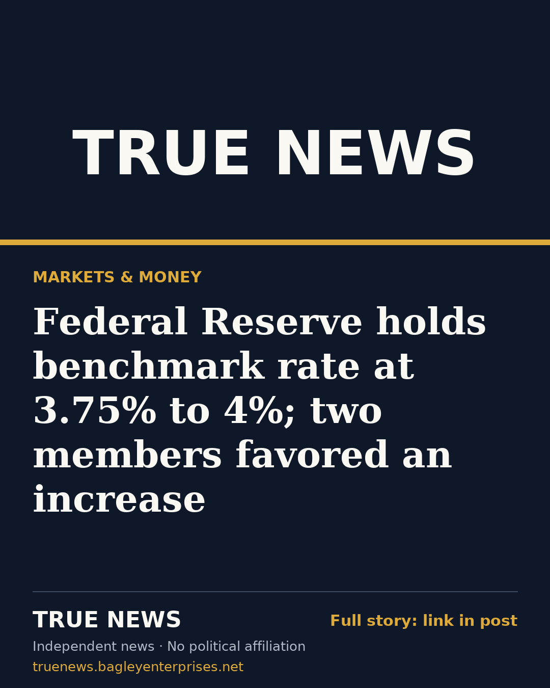 Share card: Federal Reserve holds benchmark rate at 3.75% to 4%; two members favored an increase