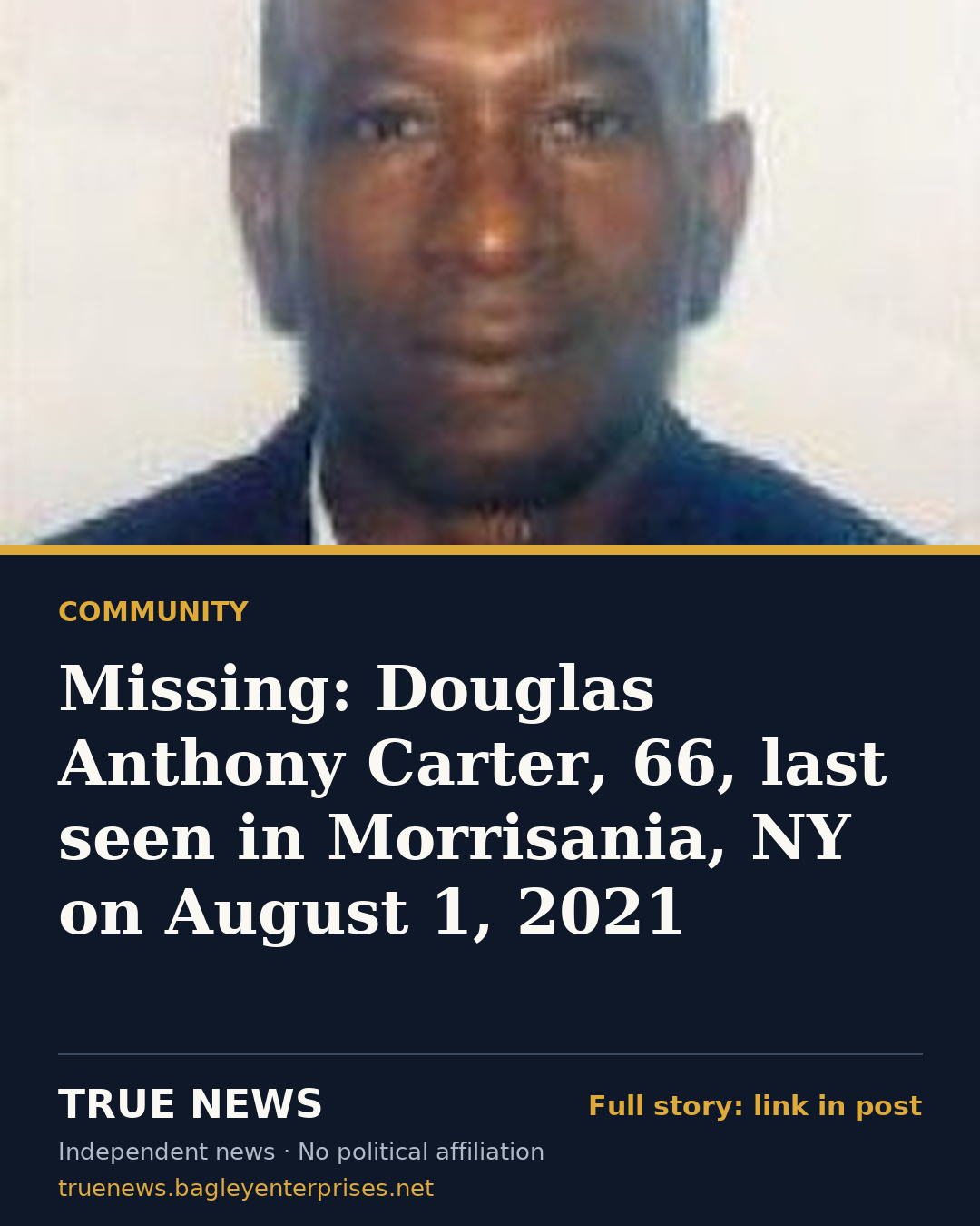 Share card: Missing: Douglas Anthony Carter, 66, last seen in Morrisania, NY on August 1, 2021