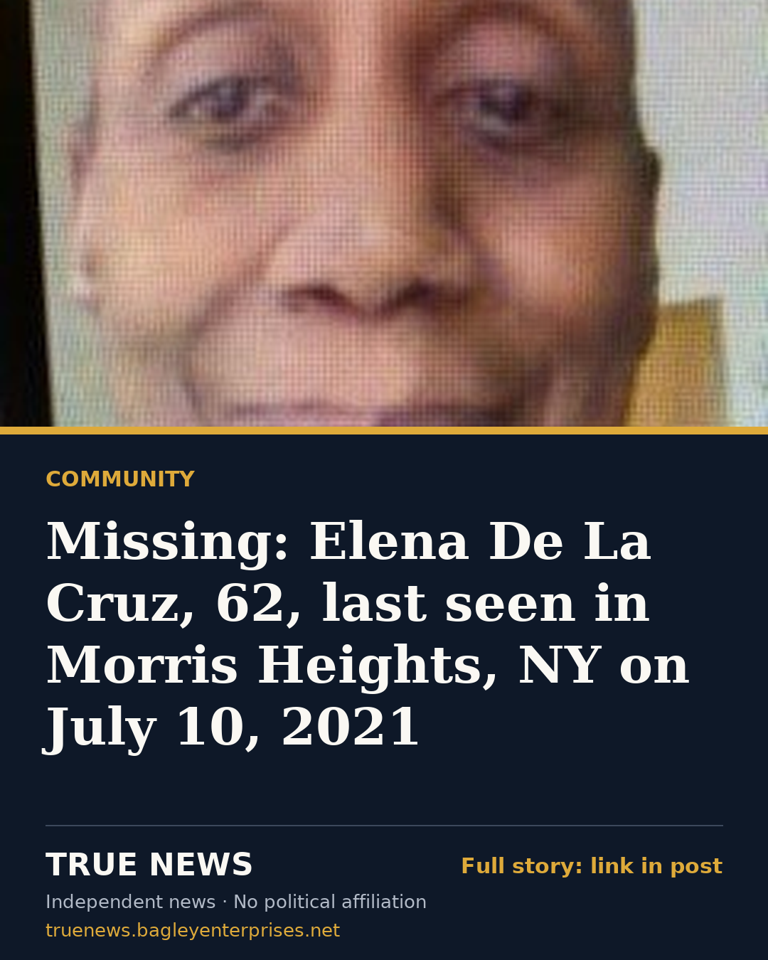 Share card: Missing: Elena De La Cruz, 62, last seen in Morris Heights, NY on July 10, 2021