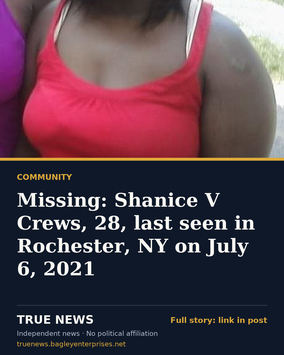 Share card: Missing: Shanice V Crews, 28, last seen in Rochester, NY on July 6, 2021