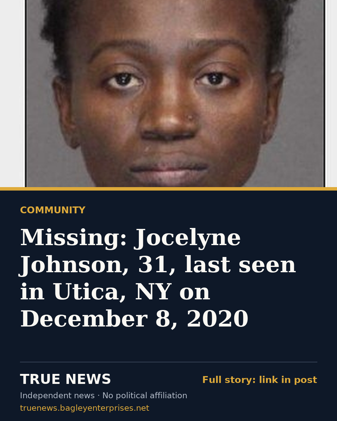 Share card: Missing: Jocelyne Johnson, 31, last seen in Utica, NY on December 8, 2020